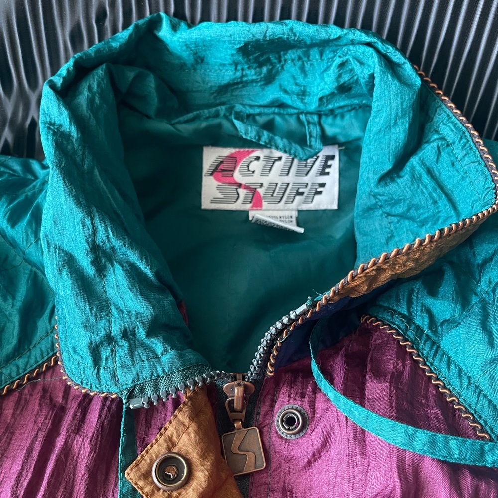 VINTAGE 80s Retro Geometric Floral Color Block Active Stuff Zip Up Windbreaker